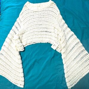 Free People Caught Up Long Bell Sleeve Crochet Knit Sweater Top White Size M